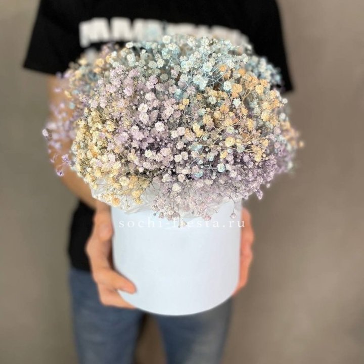 9 Радужных гипсофил в шляпной коробке в Кемерово