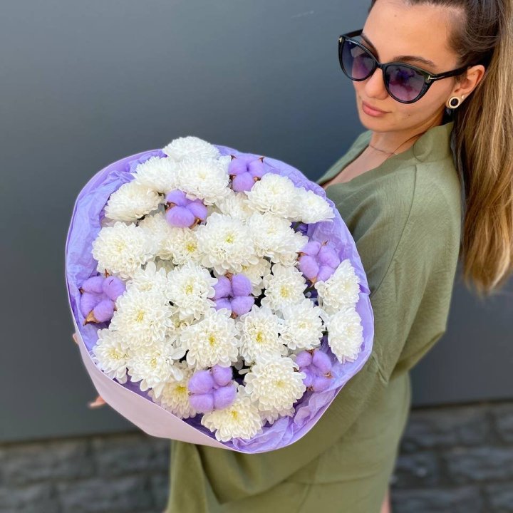  Букет  хризантем и хлопка в Кемерово